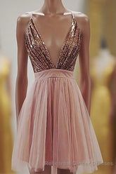 Deep V-neck Spaghetti Straps Sleeveless Sequins Short Semi Formal Prom Dresses, Homecoming Dresses